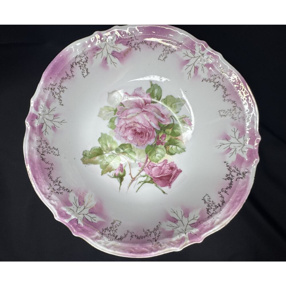 Antique German Porcelain Pink Rose Serving Bowl Gold Trim Victorian Collectible